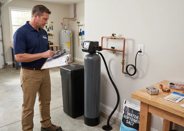 An estimator with a clipboard and calculator reviewing a water softener installation quote beside a newly installed cabinet softener, brine tank and copper loop in a garage